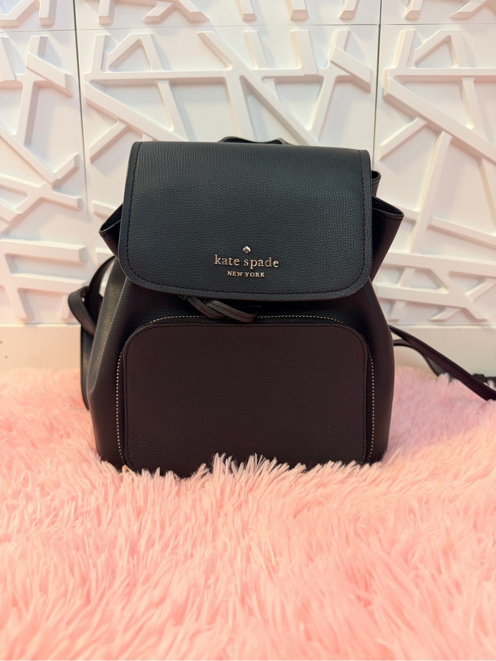 kate spade Black Pebbled Leather Mini Backpack with Gold Logo